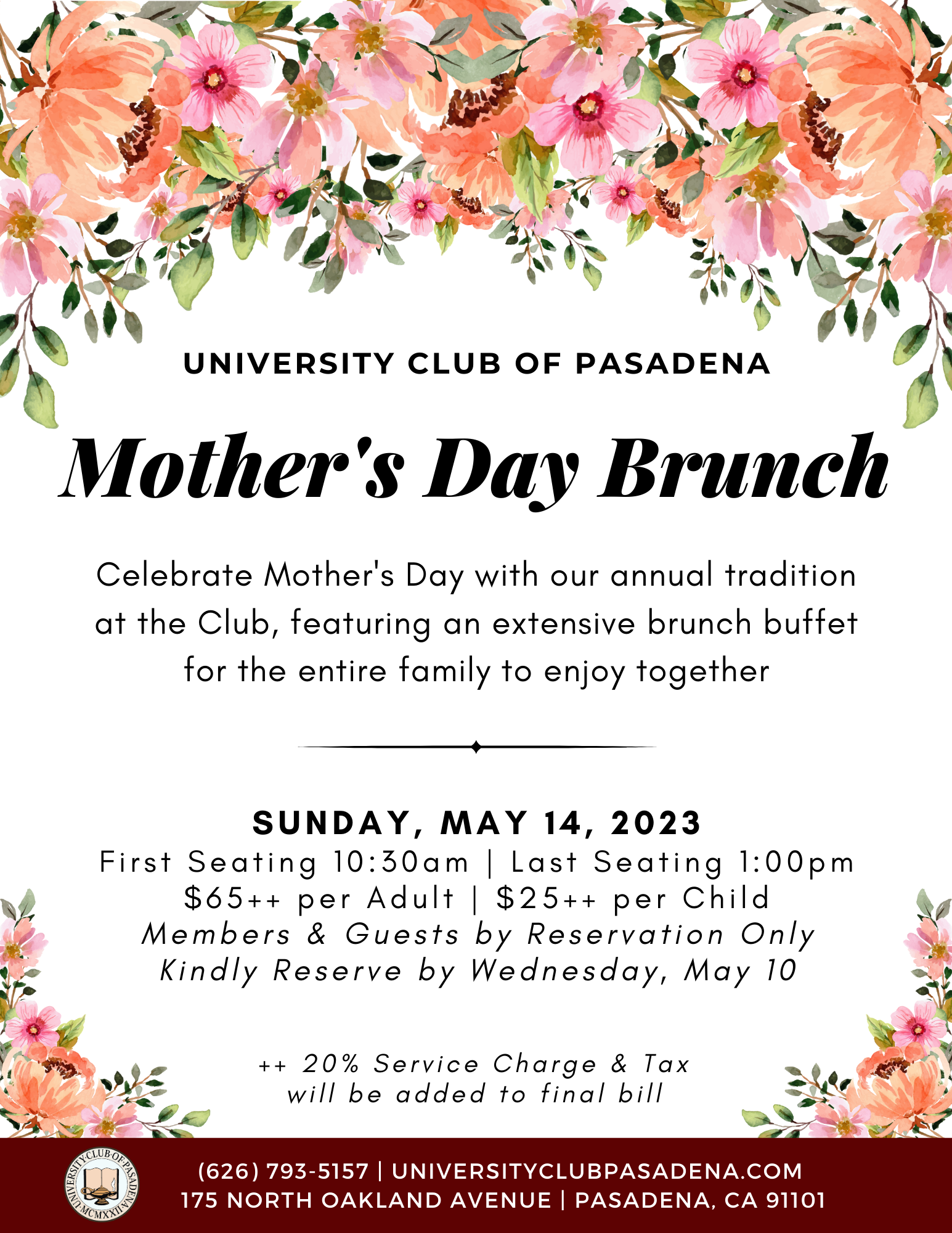 Mother's Day Brunch 5/14/2023 University Club of Pasadena